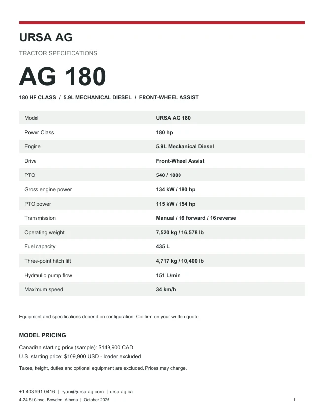 URSA AG 180 model brochure cover
